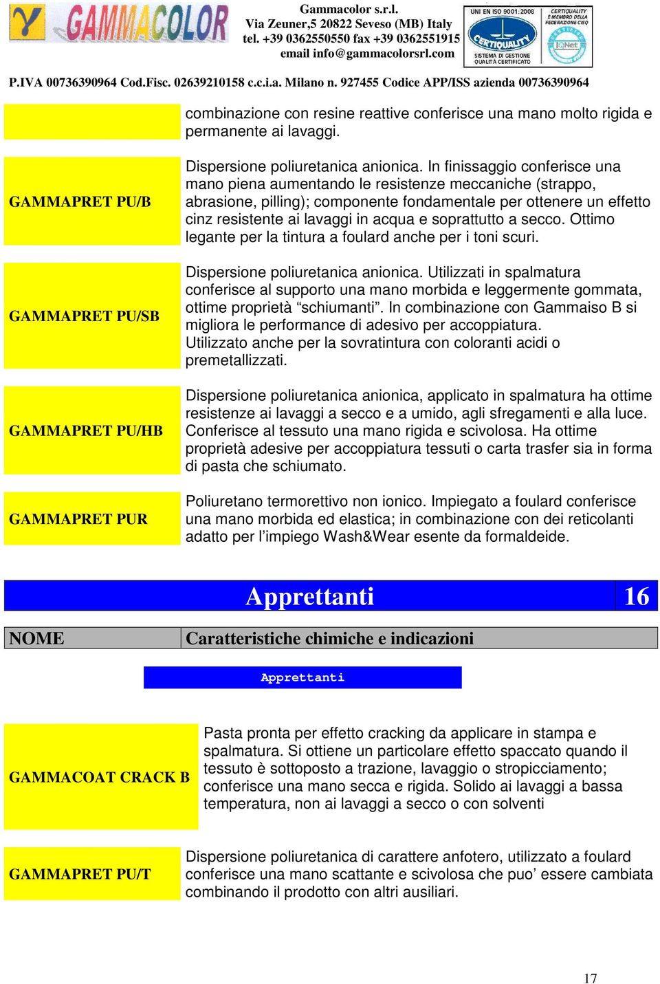 soprattutto a secco. Ottimo legante per la tintura a foulard anche per i toni scuri. Dispersione poliuretanica anionica.