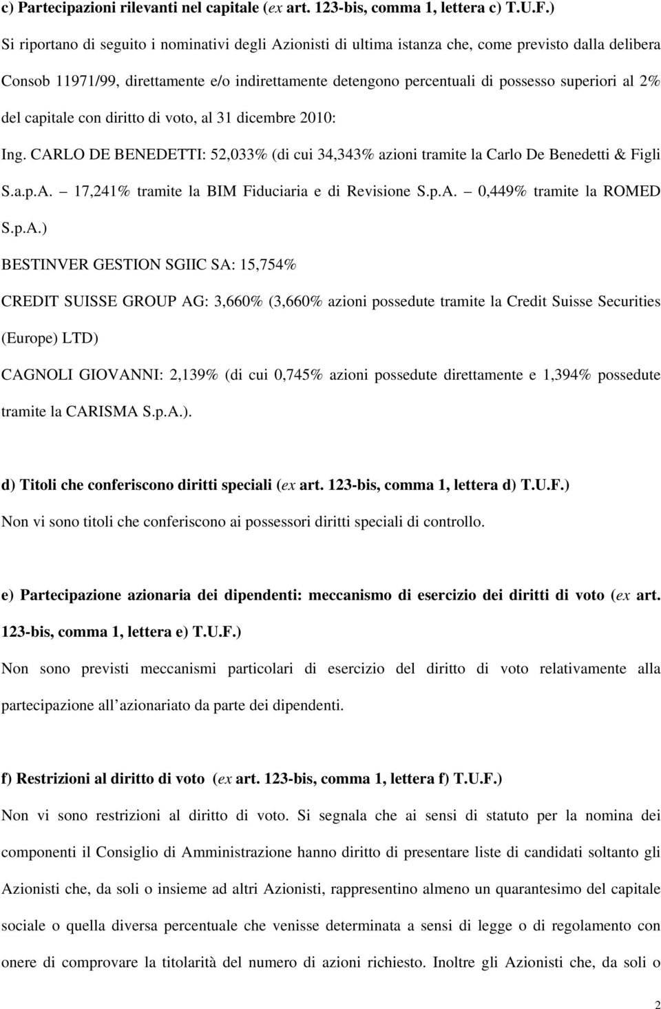 al 2% del capitale con diritto di voto, al 31 dicembre 2010: Ing. CARLO DE BENEDETTI: 52,033% (di cui 34,343% azioni tramite la Carlo De Benedetti & Figli S.a.p.A. 17,241% tramite la BIM Fiduciaria e di Revisione S.