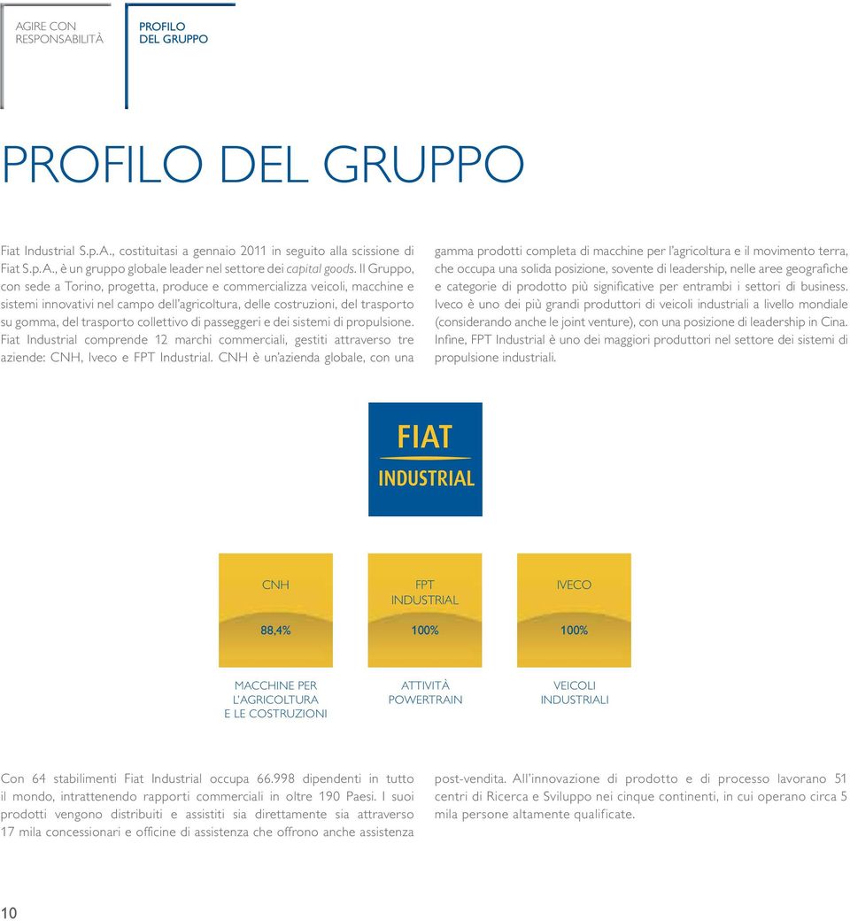 di passeggeri e dei sistemi di propulsione. Fiat Industrial comprende 12 marchi commerciali, gestiti attraverso tre aziende: CNH, Iveco e FPT Industrial.