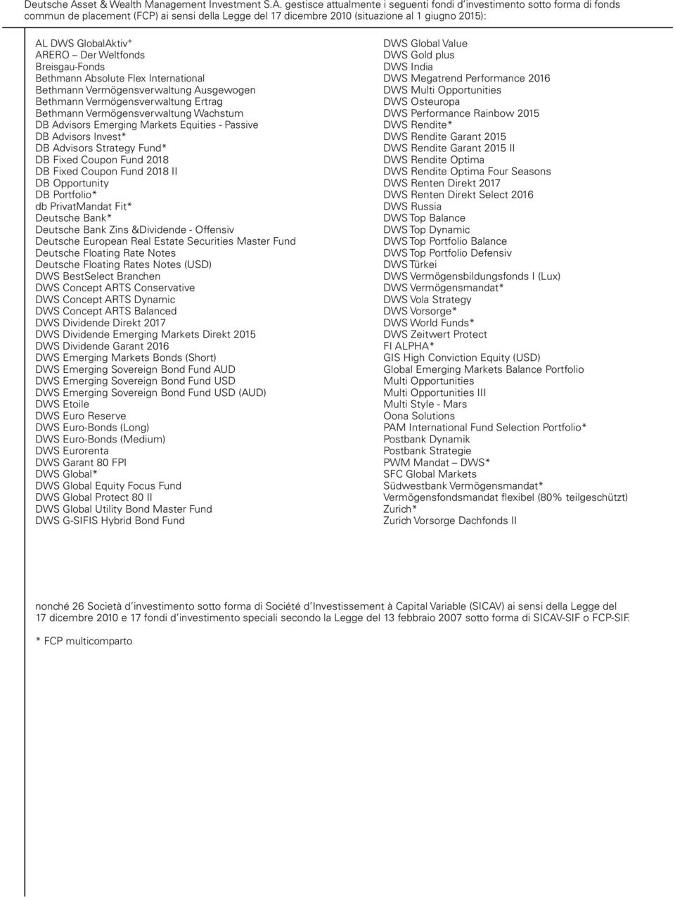 gestisce attualmente i seguenti fondi d investimento sotto forma di fonds commun de placement (FCP) ai sensi della Legge del 17 dicembre 2010 (situazione al 1 giugno 2015): AL DWS GlobalAktiv + ARERO