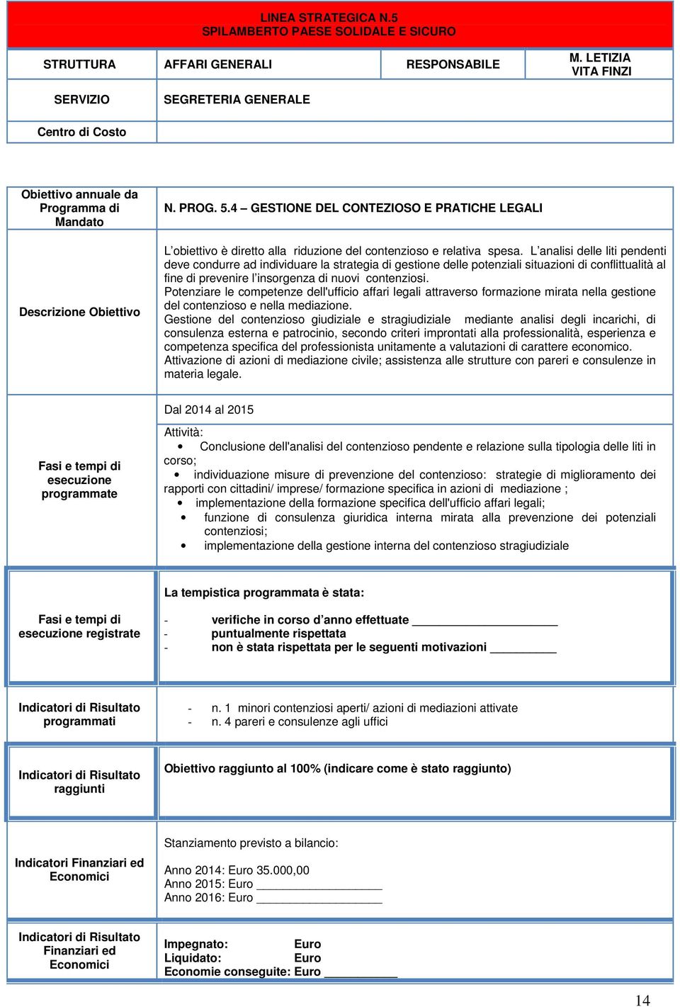 4 GESTIONE DEL CONTEZIOSO E PRATICHE LEGALI L obiettivo è diretto alla riduzione del contenzioso e relativa spesa.