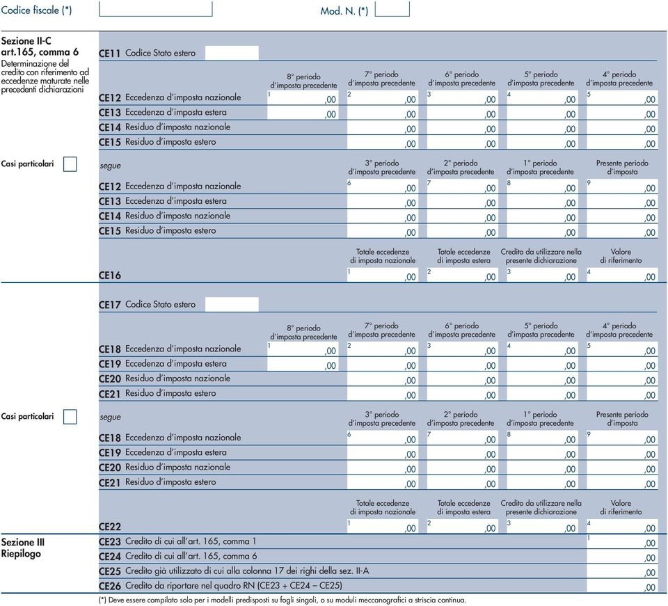 Residuo d imposta nazionale CE Residuo d imposta estero segue CE Eccedenza d imposta nazionale CE Eccedenza d imposta estera CE Residuo d imposta nazionale CE Residuo d imposta estero periodo periodo