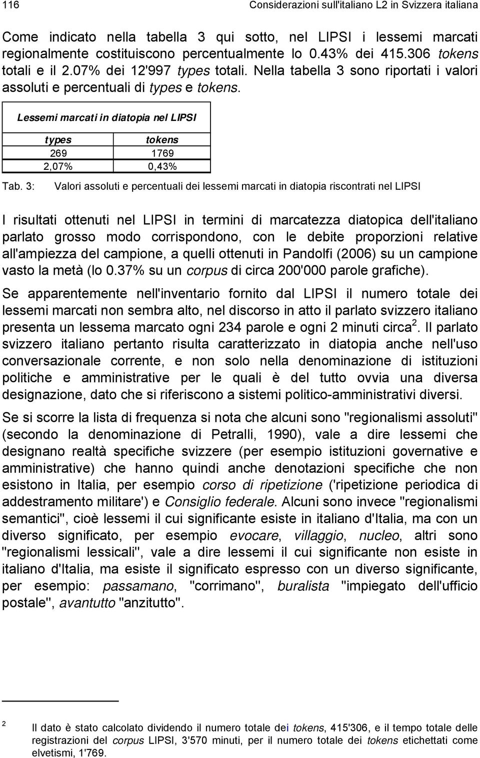 3: types tokens 269 1769 2,07% 0,43% Valori assoluti e percentuali dei lessemi marcati in diatopia riscontrati nel LIPSI I risultati ottenuti nel LIPSI in termini di marcatezza diatopica