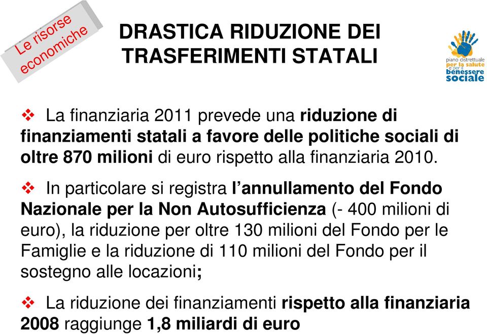 In particolare si registra l annullamento del Fondo Nazionale per la Non Autosufficienza ( 400 milioni di euro), la riduzione per oltre 130