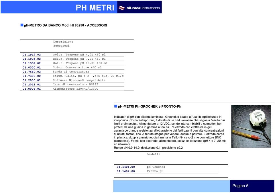 01 Alimentatore 220VAC/12VDC ph-metri Ph-GROCHEK e PRONTO-Ph Indicatori di ph con allarme luminoso. Grochek è adatto all'uso in agricoltura e in idroponica.