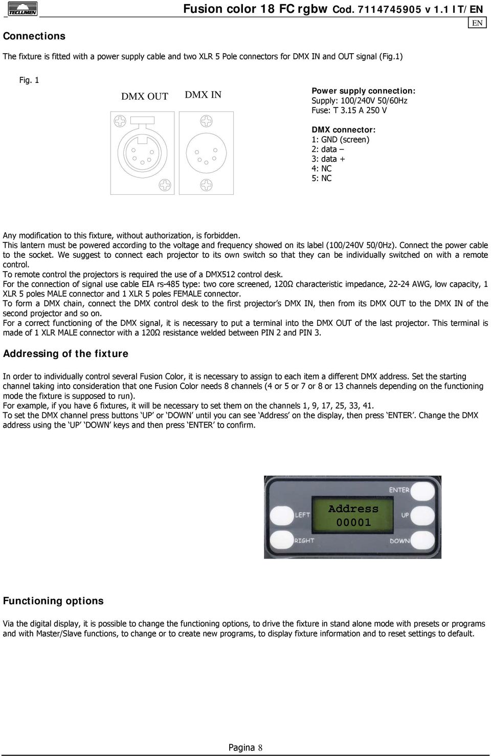 15 A 250 V DMX connector: 1: GND (screen) 2: data 3: data + 4: NC 5: NC Any modification to this fixture, without authorization, is forbidden.