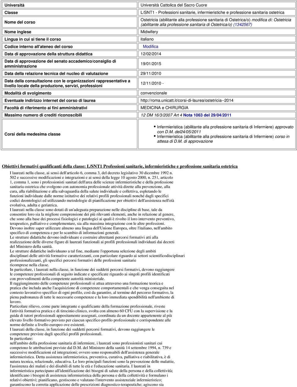 del corso Modifica Data di approvazione della struttura didattica 12/02/2014 Data di approvazione del senato accademico/consiglio di amministrazione 19/01/2015 Data della relazione tecnica del nucleo