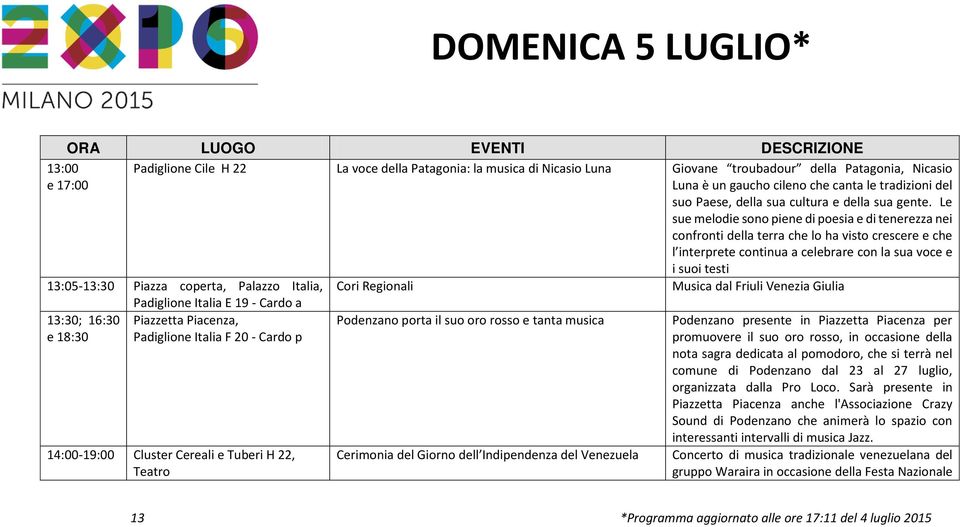 Le sue melodie sono piene di poesia e di tenerezza nei confronti della terra che lo ha visto crescere e che l interprete continua a celebrare con la sua voce e i suoi testi 13:05-13:30 Piazza