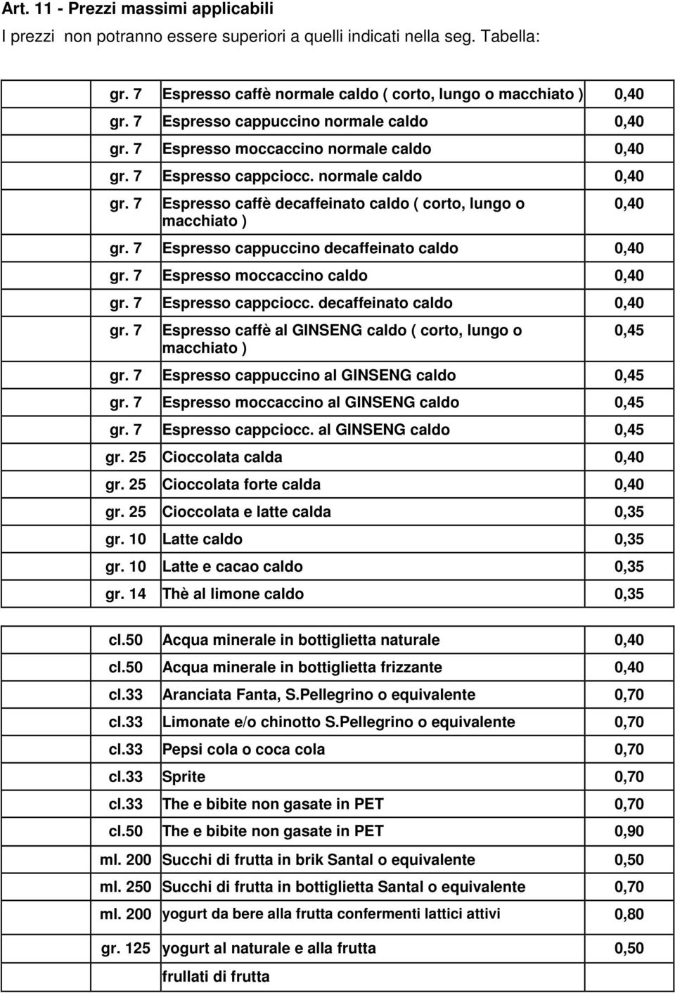 7 Espresso cappuccino decaffeinato caldo 0,40 gr. 7 Espresso moccaccino caldo 0,40 gr. 7 Espresso cappciocc. decaffeinato caldo 0,40 gr. 7 Espresso caffè al GINSENG caldo ( corto, lungo o macchiato ) 0,45 gr.