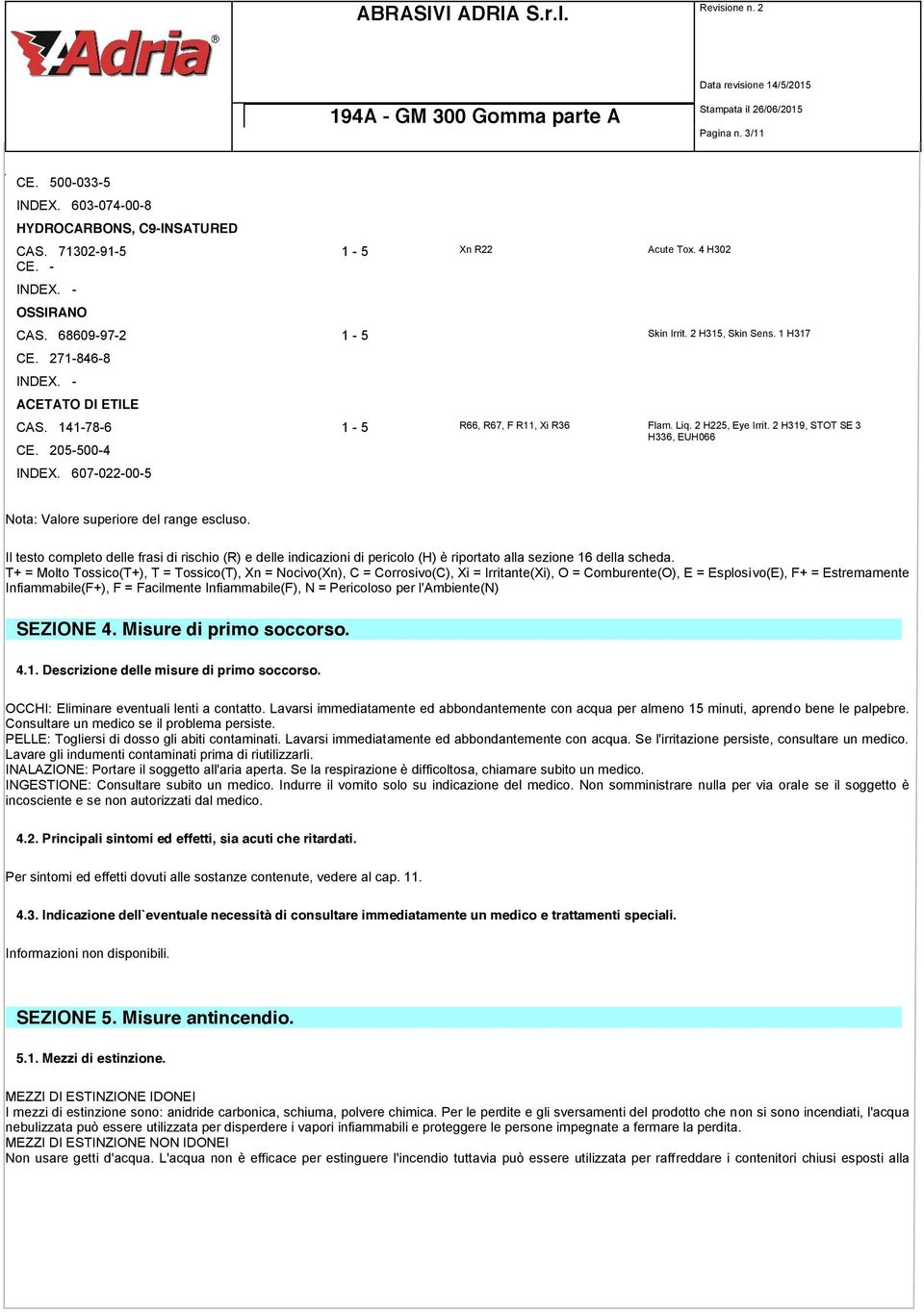 607-022-00-5 Nota: Valore superiore del range escluso. Il testo completo delle frasi di rischio (R) e delle indicazioni di pericolo (H) è riportato alla sezione 16 della scheda.