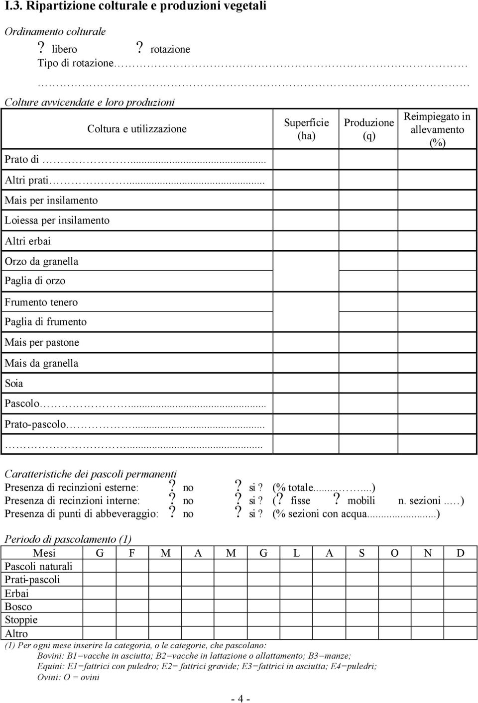 ..... - 4 - Superficie (ha) Produzione (q) Reimpiegato in allevamento (%) Caratteristiche dei pascoli permanenti Presenza di recinzioni esterne: no si? (% totale.