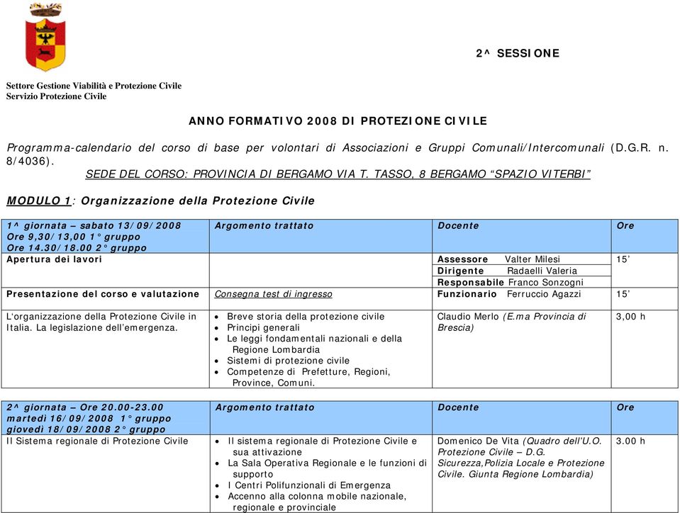 TASSO, 8 BERGAMO SPAZIO VITERBI MODULO 1: Organizzazione della Protezione Civile 1^ giornata sabato 13/09/2008 Ore 9,30/13,00 1 gruppo Ore 14.30/18.