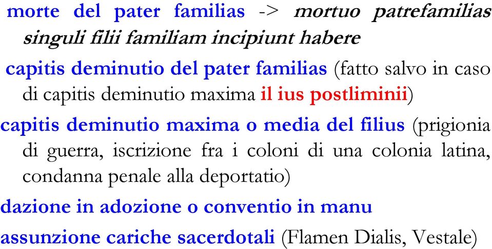 maxima o media del filius (prigionia di guerra, iscrizione fra i coloni di una colonia latina, condanna