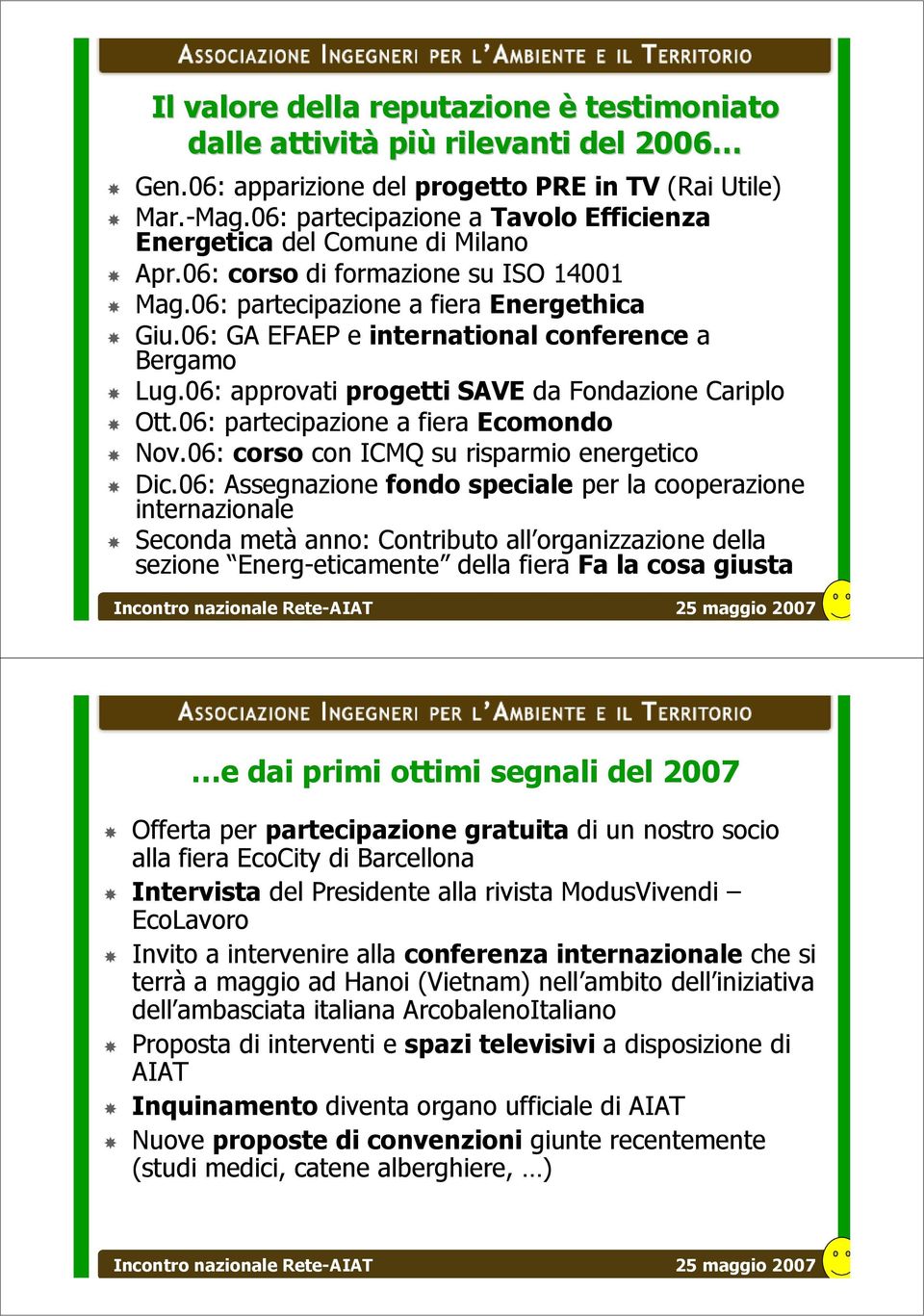 06: GA EFAEP e international conference a Bergamo Lug.06: approvati progetti SAVE da Fondazione Cariplo Ott.06: partecipazione a fiera Ecomondo Nov.06: corso con ICMQ su risparmio energetico Dic.