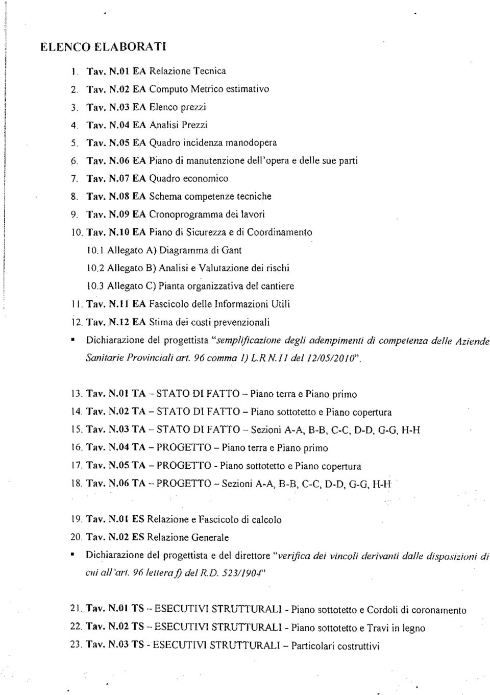 l0 EA Piano di Sicurezza e di Coordinamento I0. I Allegaro A) Dragramma di Ganr I0.2 Allegato B) Analisi e Valutazione dei rischi 10.3 Allegato C) Pianta organizzativa del cantiere I L Tav, N.