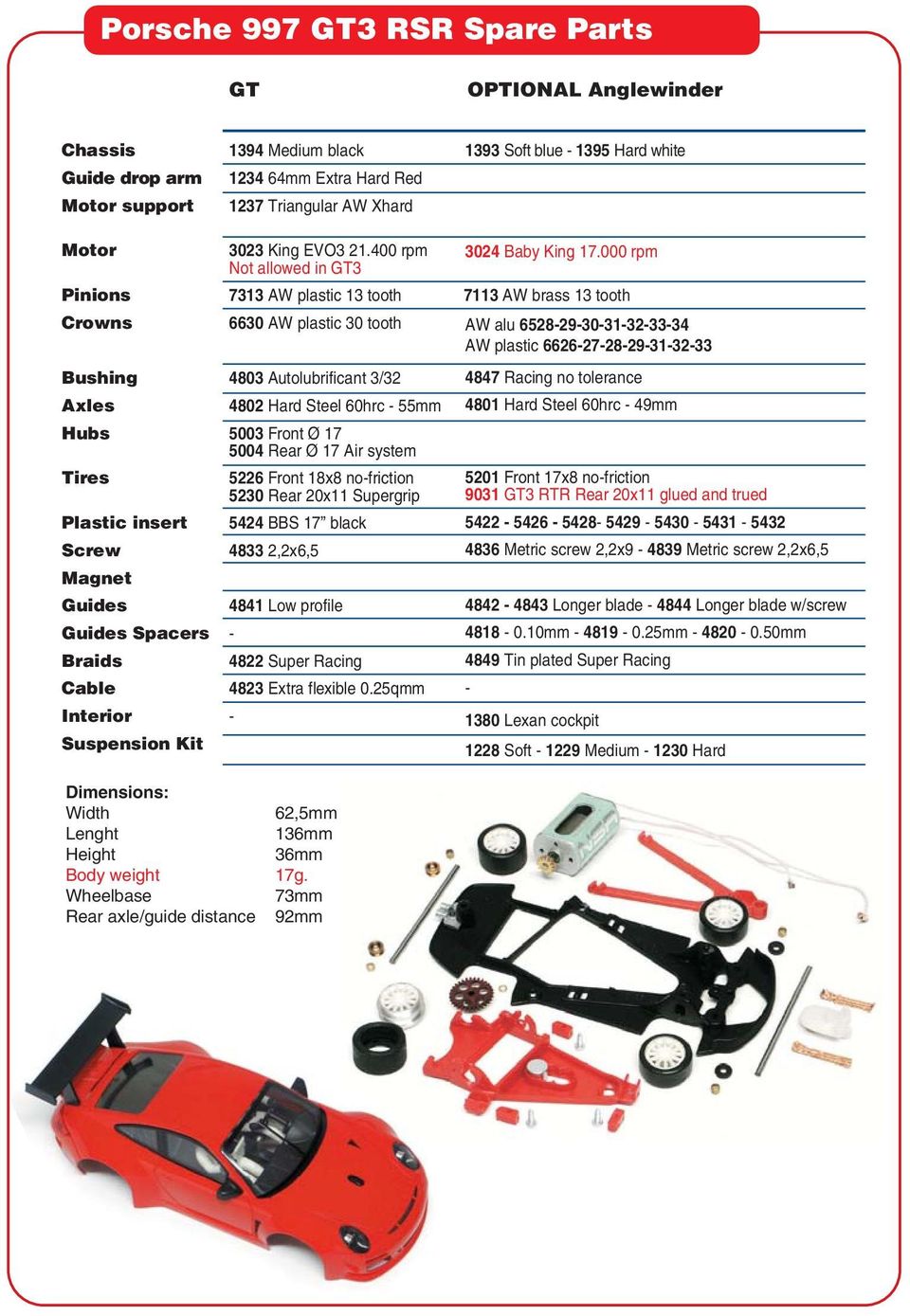 400 rpm Not allowed in GT3 7313 AW plastic 13 tooth 6630 AW plastic 30 tooth 4803 Autolubrificant 3/32 4802 Hard Steel 60hrc 55mm 5003 Front Ø 17 5004 Rear Ø 17 Air system 5226 Front 18x8 nofriction