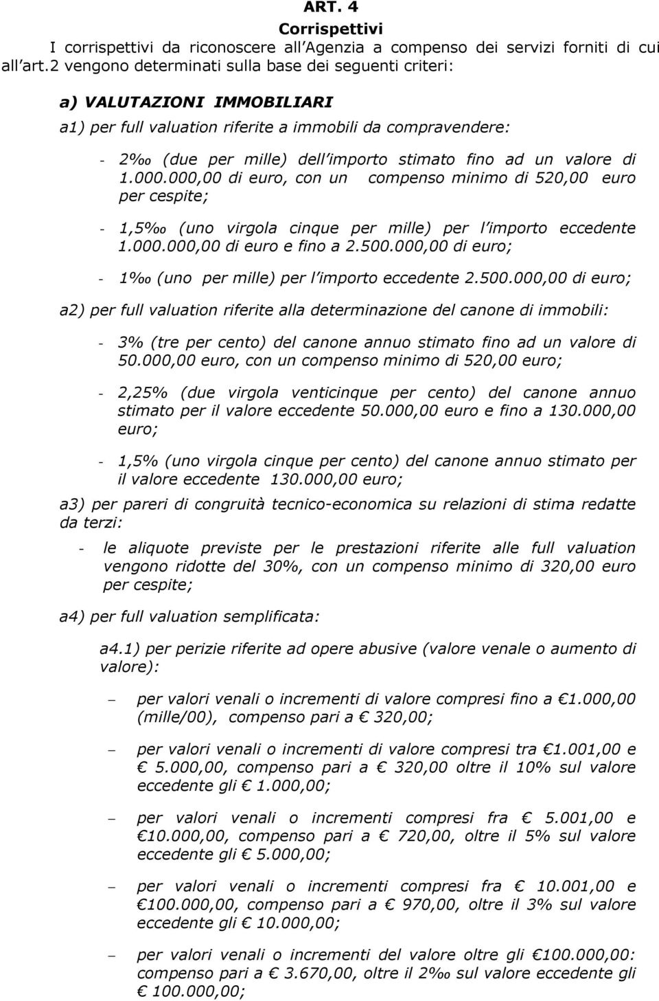 valore di 1.000.000,00 di euro, con un compenso minimo di 520,00 euro per cespite; - 1,5 (uno virgola cinque per mille) per l importo eccedente 1.000.000,00 di euro e fino a 2.500.