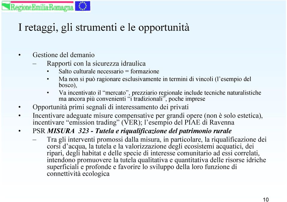 interessamento dei privati Incentivare adeguate misure compensative per grandi opere (non è solo estetica), incentivare emission trading (VER); l esempio del PIAE di Ravenna PSR MISURA 323 - Tutela e