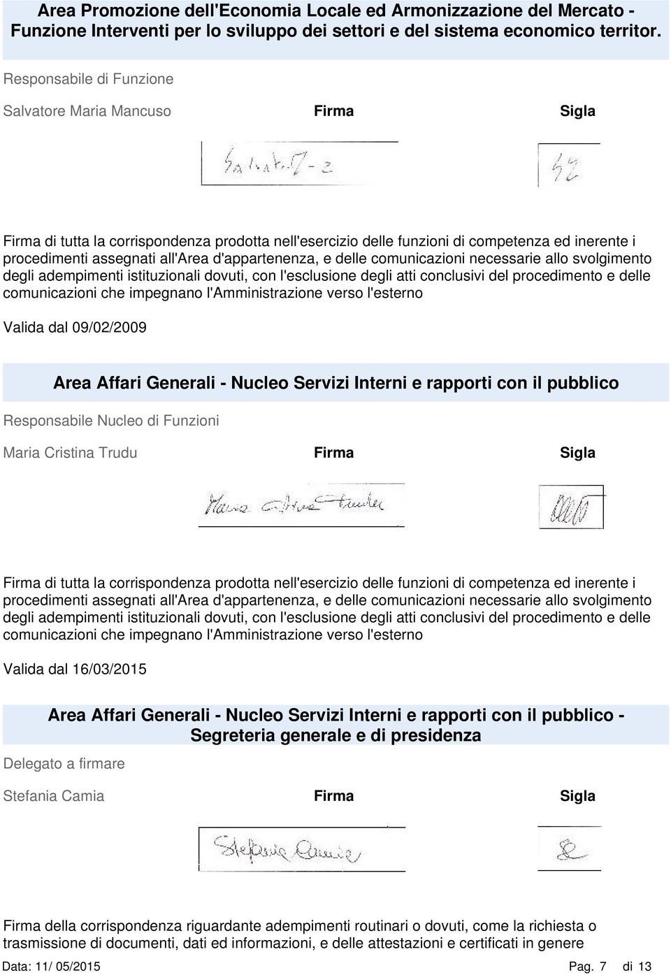 pubblico Responsabile Nucleo di Funzioni Maria Cristina Trudu di tutta la corrispondenza prodotta nell'esercizio delle funzioni di competenza ed inerente i Valida dal 16/03/2015 Area