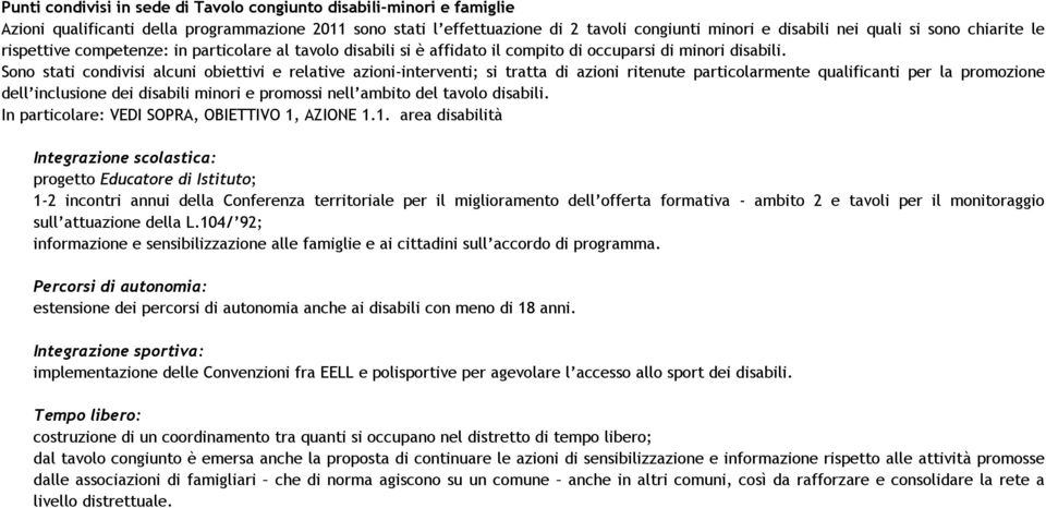 Sono stati condivisi alcuni obiettivi e relative azioni-interventi; si tratta di azioni ritenute particolarmente qualificanti per la promozione dell inclusione dei disabili minori e promossi nell