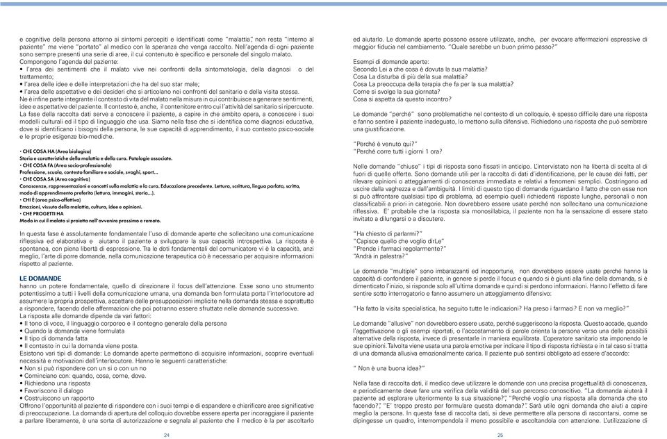 Compongono l agenda del paziente: l area dei sentimenti che il malato vive nei confronti della sintomatologia, della diagnosi o del trattamento; l area delle idee e delle interpretazioni che ha del