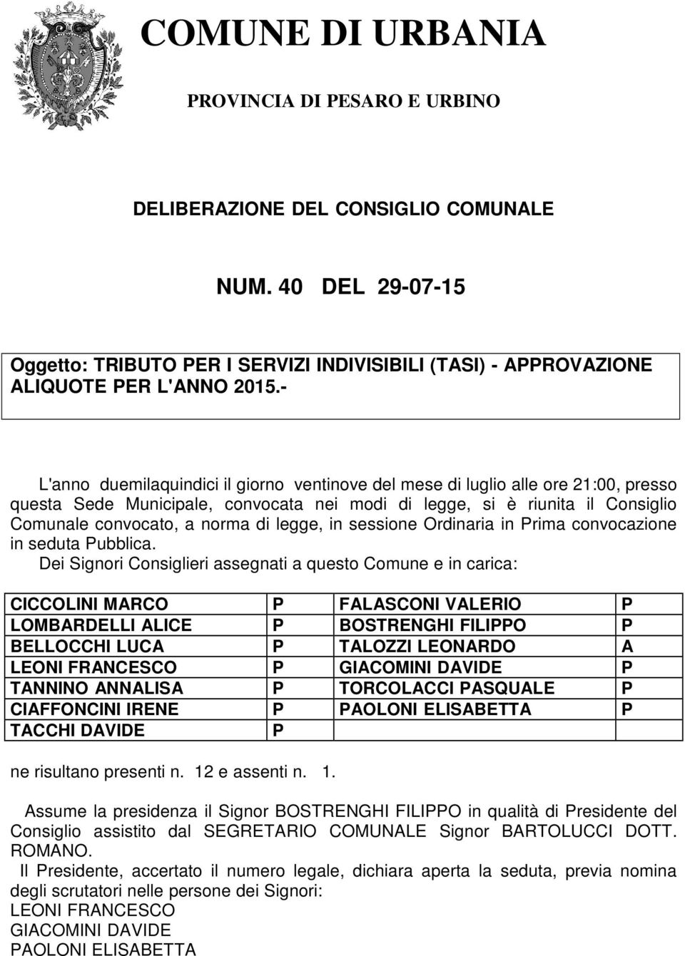 legge, in sessione Ordinaria in Prima convocazione in seduta Pubblica.