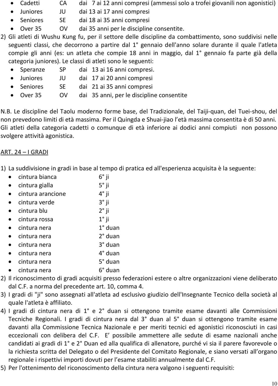 2) Gli atleti di Wushu Kung fu, per il settore delle discipline da combattimento, sono suddivisi nelle seguenti classi, che decorrono a partire dal 1 gennaio dell'anno solare durante il quale