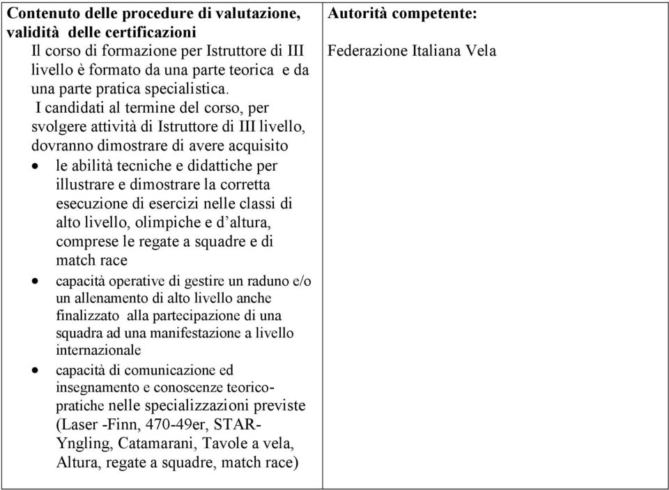 esecuzione di esercizi nelle classi di alto livello, olimpiche e d altura, comprese le regate a squadre e di match race capacità operative di gestire un raduno e/o un allenamento di alto livello