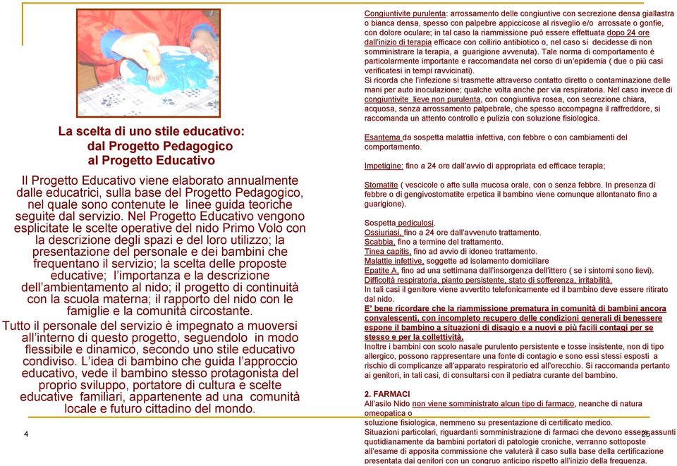 Nel Progetto Educativo vengono esplicitate le scelte operative del nido Primo Volo con la descrizione degli spazi e del loro utilizzo; la presentazione del personale e dei bambini che frequentano il