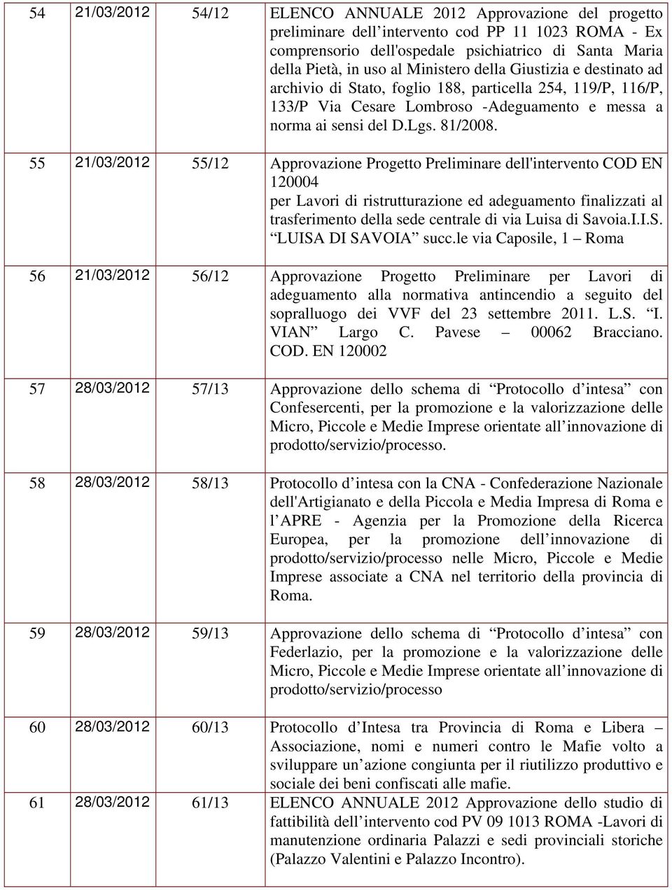 55 21/03/2012 55/12 Approvazione Progetto Preliminare dell'intervento COD EN 120004 per Lavori di ristrutturazione ed adeguamento finalizzati al trasferimento della sede centrale di via Luisa di