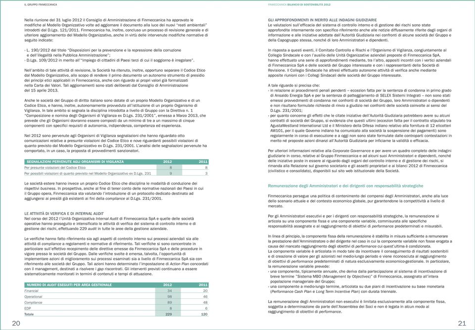 Finmeccanica ha, inoltre, concluso un processo di revisione generale e di ulteriore aggiornamento del Modello Organizzativo, anche in virtù delle intervenute modifiche normative di seguito indicate: