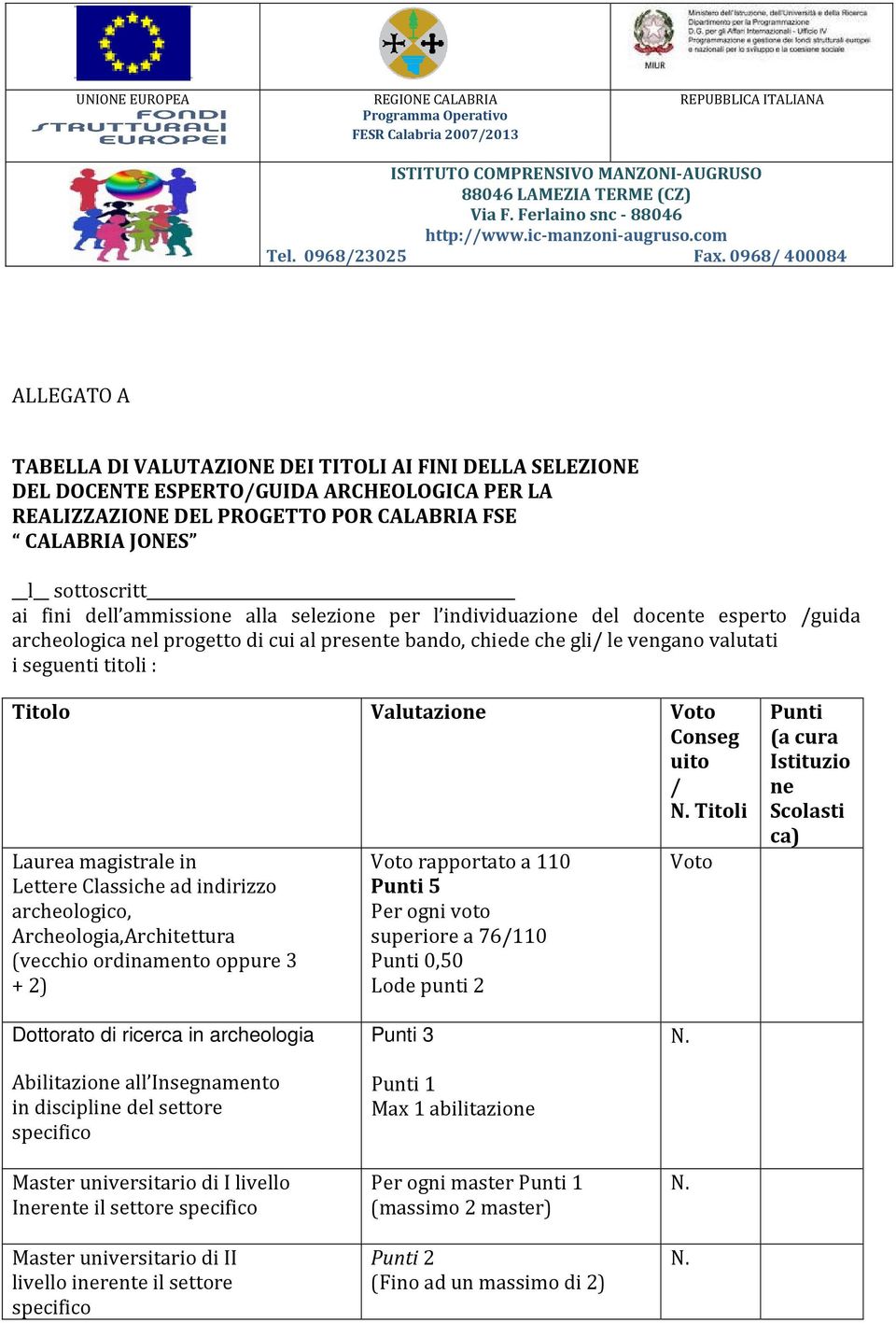 Valutazione Voto Conseg uito / Titoli Laurea magistrale in Lettere Classiche ad indirizzo archeologico, Archeologia,Architettura (vecchio ordinamento oppure 3 + 2) Voto rapportato a 110 Punti 5 Per