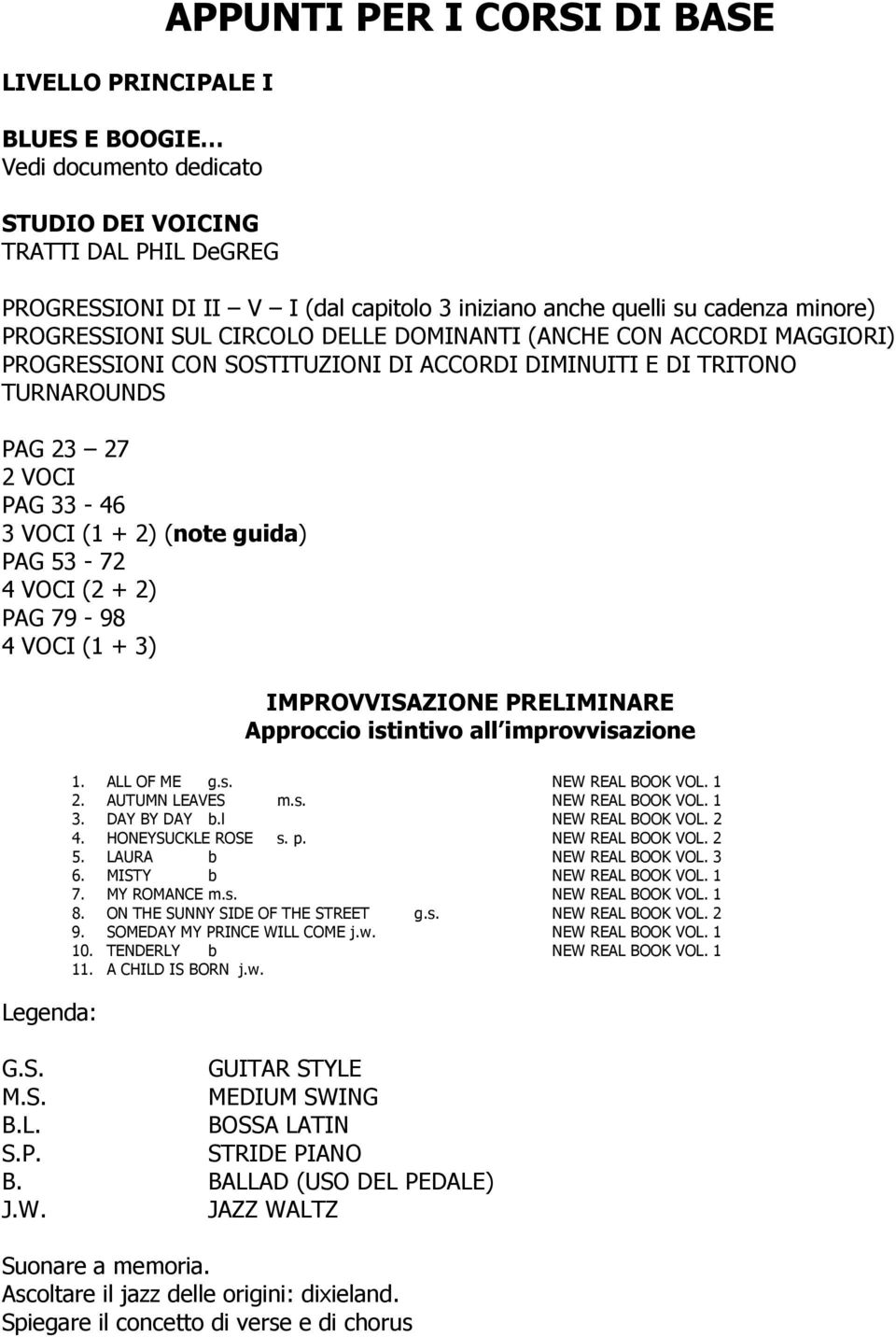 + 2) (note guida) PAG 53-72 4 VOCI (2 + 2) PAG 79-98 4 VOCI (1 + 3) IMPROVVISAZIONE PRELIMINARE Approccio istintivo all improvvisazione Legenda: 1. ALL OF ME g.s. NEW REAL BOOK VOL. 1 2.