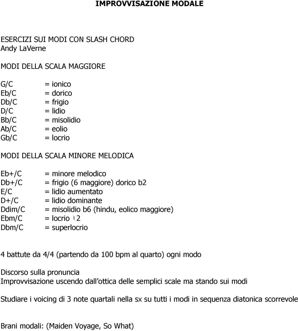 misolidio b6 (hindu, eolico maggiore) = locrio 2 = superlocrio 4 battute da 4/4 (partendo da 100 bpm al quarto) ogni modo Discorso sulla pronuncia Improvvisazione uscendo dall