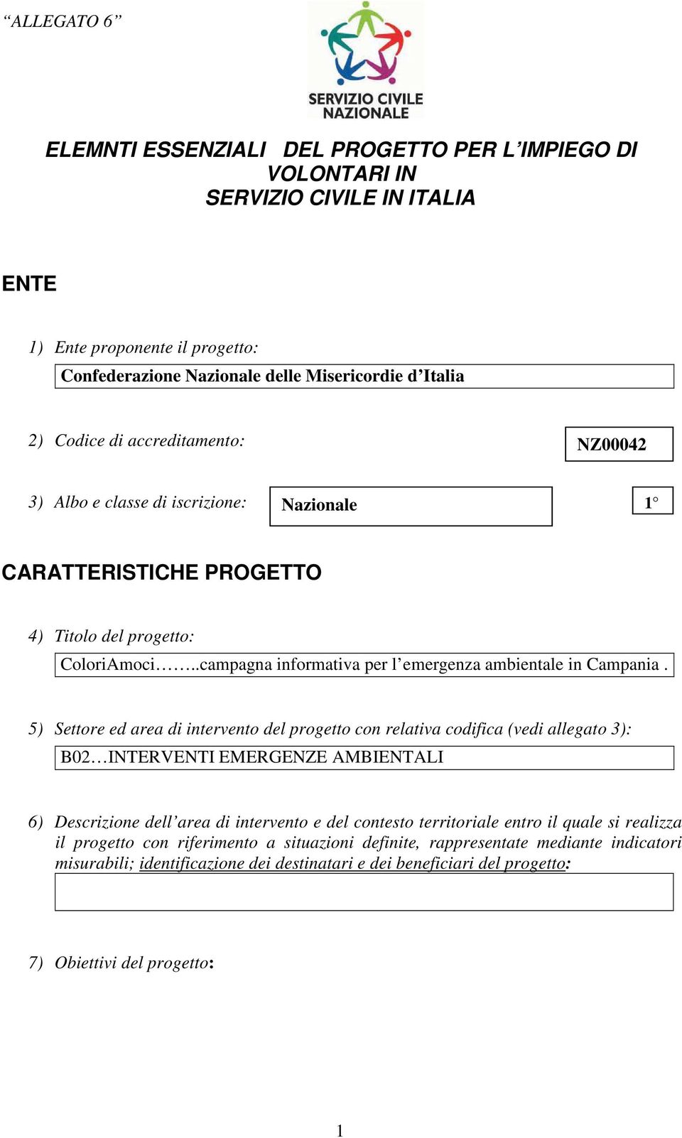 5) Settore ed area di intervento del progetto con relativa codifica (vedi allegato 3): B02 INTERVENTI EMERGENZE AMBIENTALI 6) Descrizione dell area di intervento e del contesto territoriale entro il