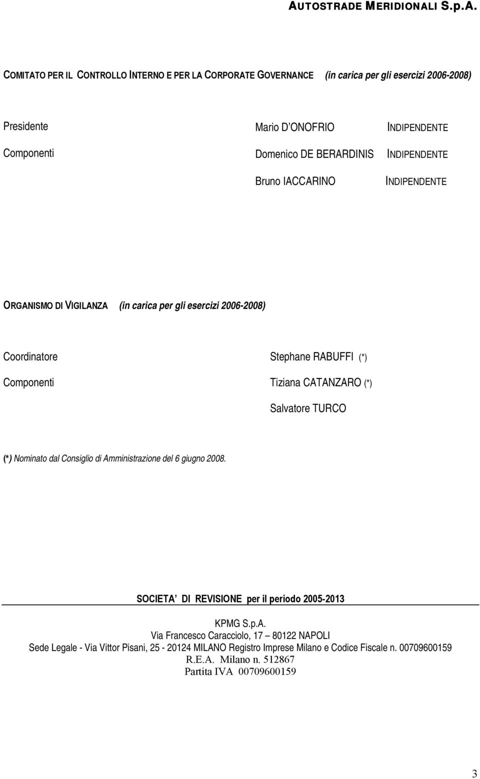 Componenti Tiziana CATANZARO (*) Salvatore TURCO (*) Nominato dal Consiglio di Amministrazione del 6 giugno 2008. SOCIETA DI REVISIONE per il periodo 2005-2013 KPMG S.p.A. Via Francesco Caracciolo, 17 80122 NAPOLI Sede Legale - Via Vittor Pisani, 25-20124 MILANO Registro Imprese Milano e Codice Fiscale n.