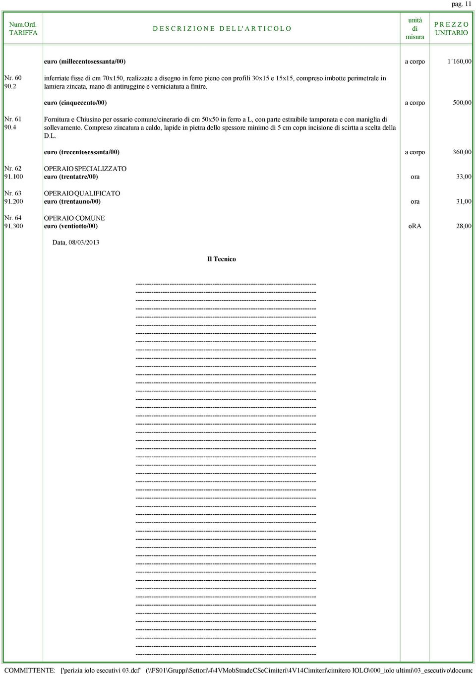 61 Fornitura e Chiusino per ossario comune/cinerario cm 50x50 in ferro a L, con parte estraibile tamponata e con maniglia 90.4 sollevamento.