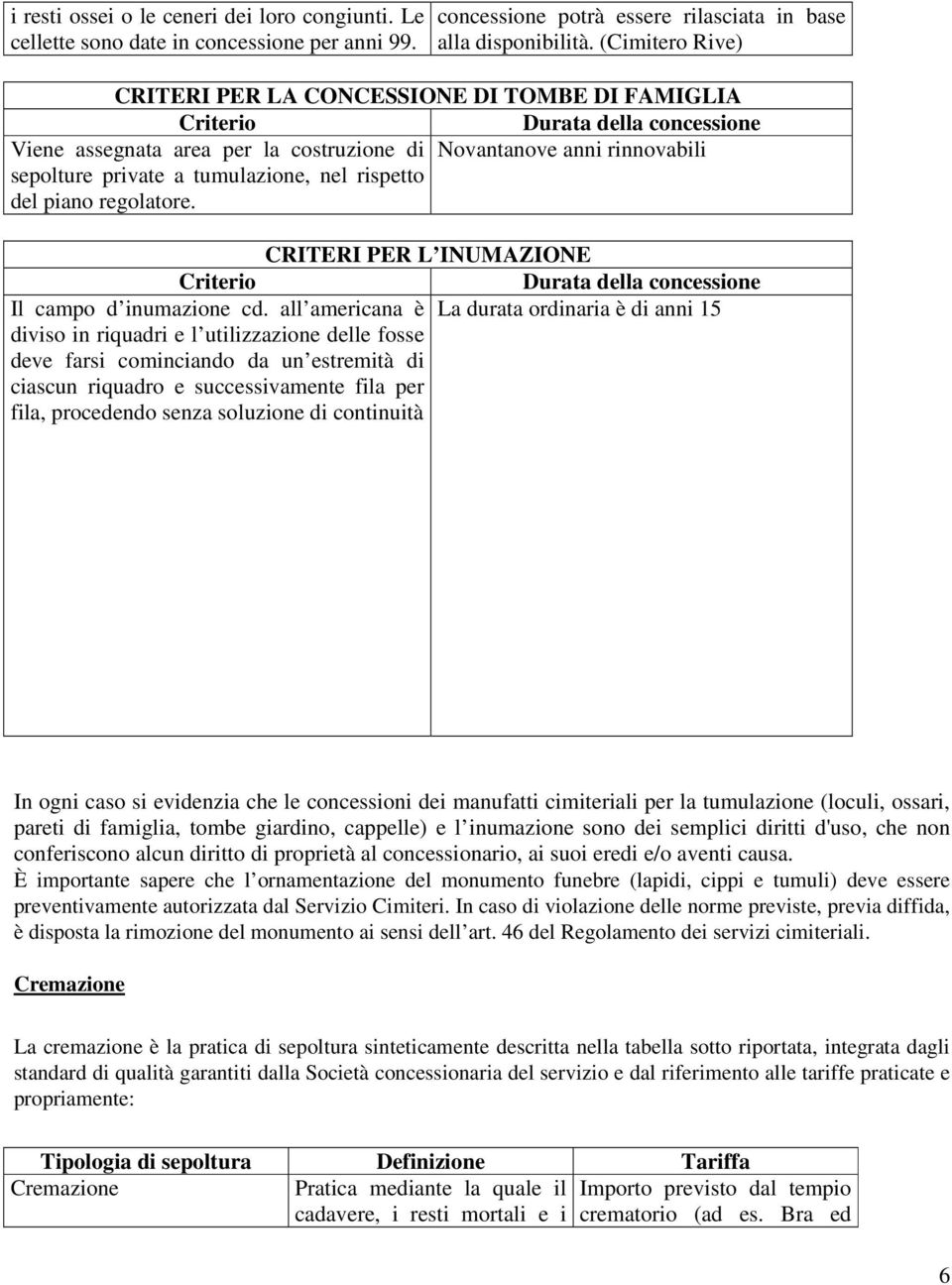 CRITERI PER L INUMAZIONE Criterio Durata della concessione Il campo d inumazione cd all americana è La durata ordinaria è di anni 15 diviso in riquadri e l utilizzazione delle fosse deve farsi