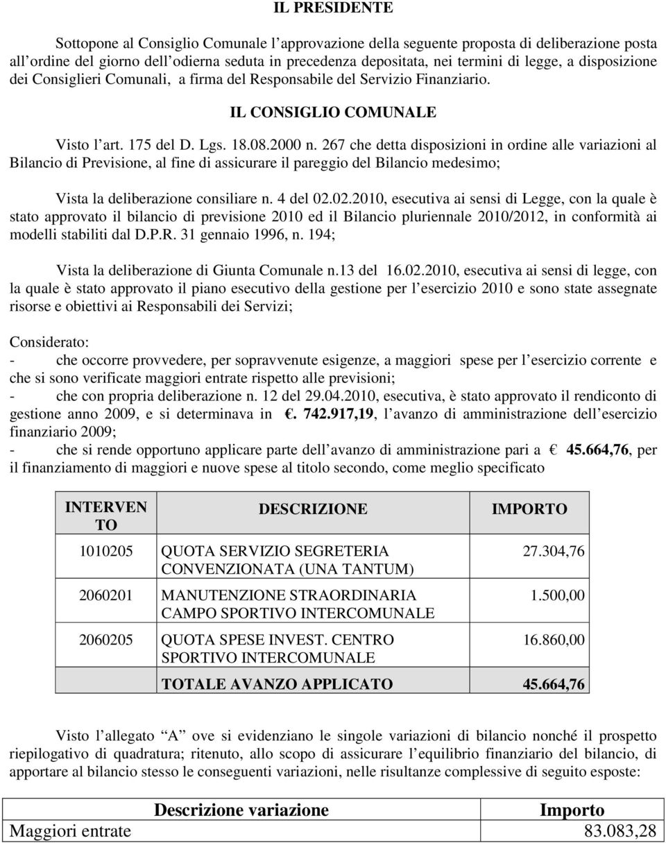 267 che detta disposizioni in ordine alle variazioni al Bilancio di Previsione, al fine di assicurare il pareggio del Bilancio medesimo; Vista la deliberazione consiliare n. 4 del 02.