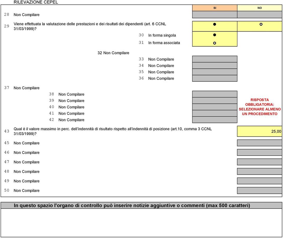 Compilare 41 Non Compilare 42 Non Compilare RISPOSTA OBBLIGATORIA: SELEZIONARE ALME UN PROCEDIMENTO Qual è il valore massimo in perc.