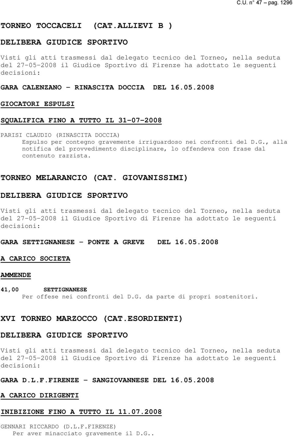 CALENZANO RINASCITA DOCCIA DEL 16.05.2008 GIOCATORI ESPULSI SQUALIFICA FINO A TUTTO IL 31-07-2008 PARISI CLAUDIO (RINASCITA DOCCIA) Espulso per contegno gravemente irriguardoso nei confronti del D.G., alla notifica del provvedimento disciplinare, lo offendeva con frase dal contenuto razzista.