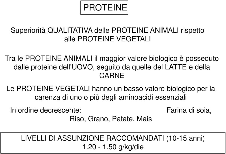 PROTEINE VEGETALI hanno un basso valore biologico per la carenza di uno o più degli aminoacidi essenziali In