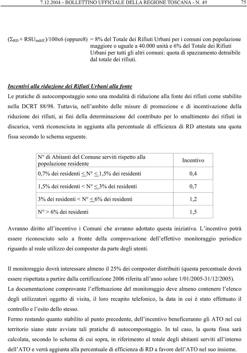 Incentivi alla riduzione dei Rifiuti Urbani alla fonte Le pratiche di autocompostaggio sono una modalità di riduzione alla fonte dei rifiuti come stabilito nella DCRT 88/98.