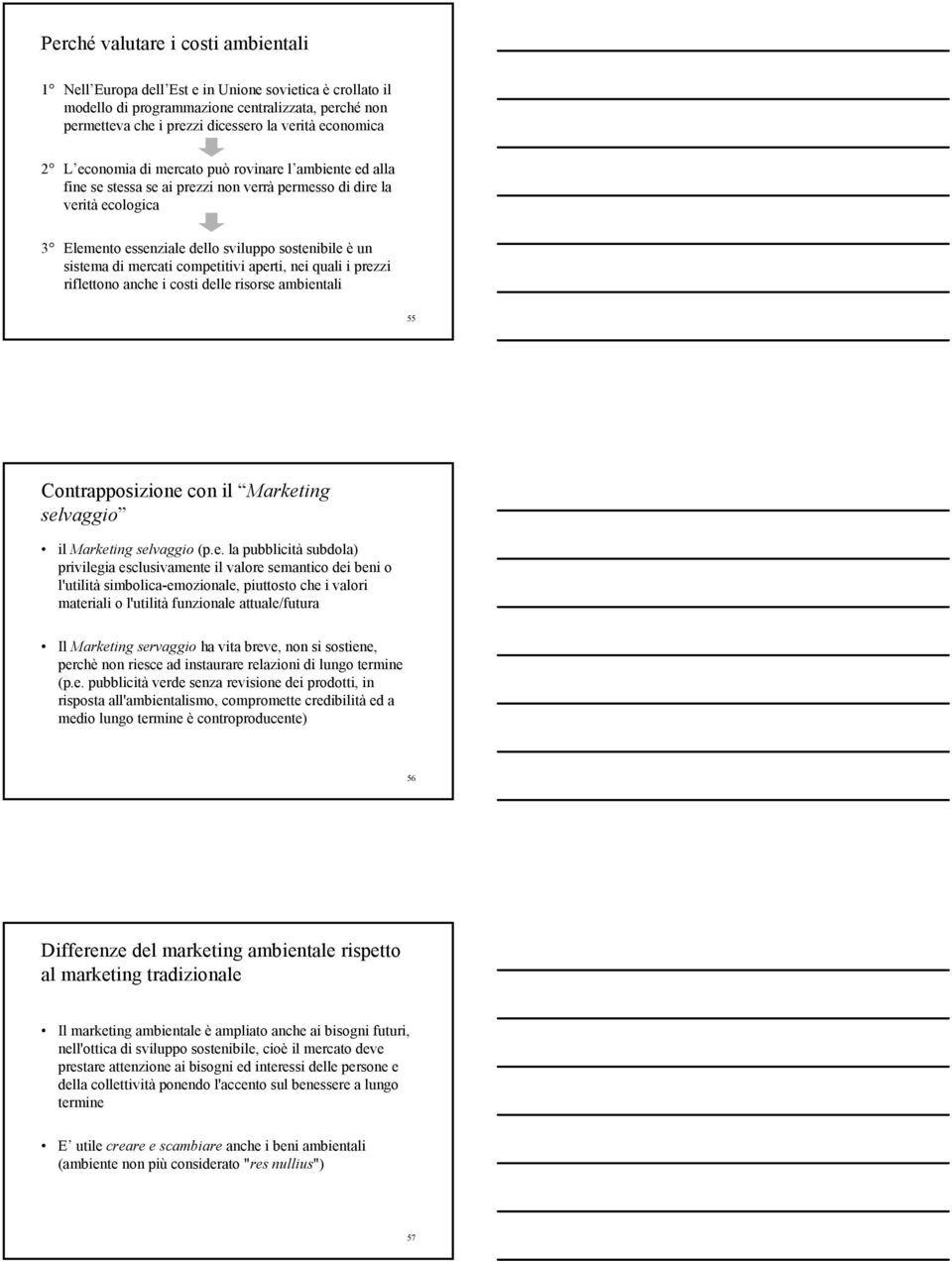 mercati competitivi aperti, nei quali i prezzi riflettono anche i costi delle risorse ambientali 55 Contrapposizione con il Marketing selvaggio il Marketing selvaggio (p.e. la pubblicità subdola)