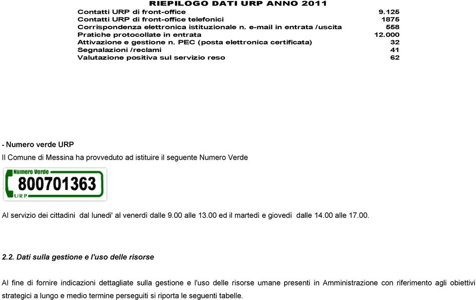 PEC (posta elettronica certificata) 32 Segnalazioni /reclami 41 Valutazione positiva sul servizio reso 62 - Numero verde URP Il Comune di Messina ha provveduto ad istituire il seguente Numero Verde