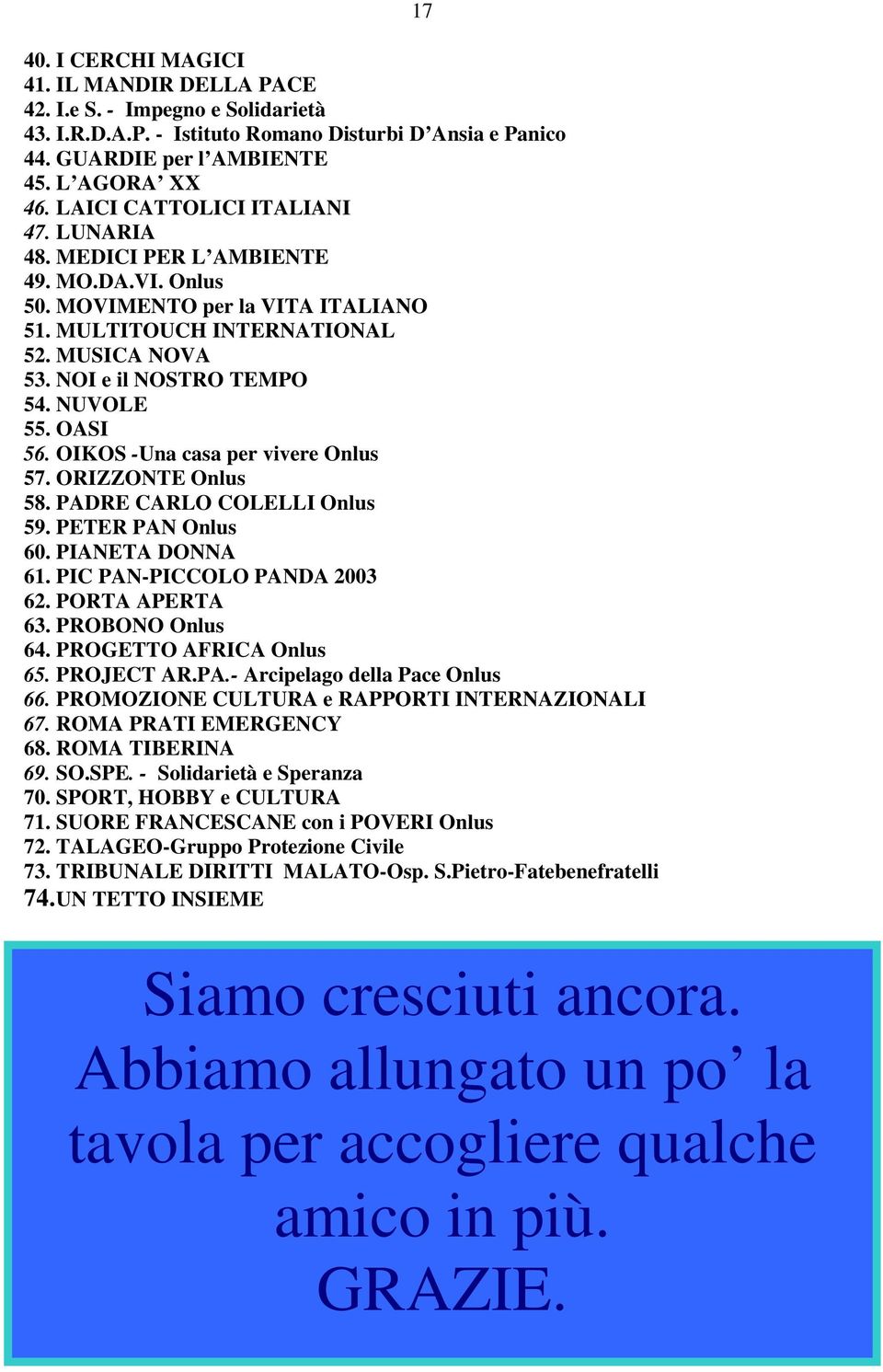 NUVOLE 55. OASI 56. OIKOS -Una casa per vivere Onlus 57. ORIZZONTE Onlus 58. PADRE CARLO COLELLI Onlus 59. PETER PAN Onlus 60. PIANETA DONNA 61. PIC PAN-PICCOLO PANDA 2003 62. PORTA APERTA 63.