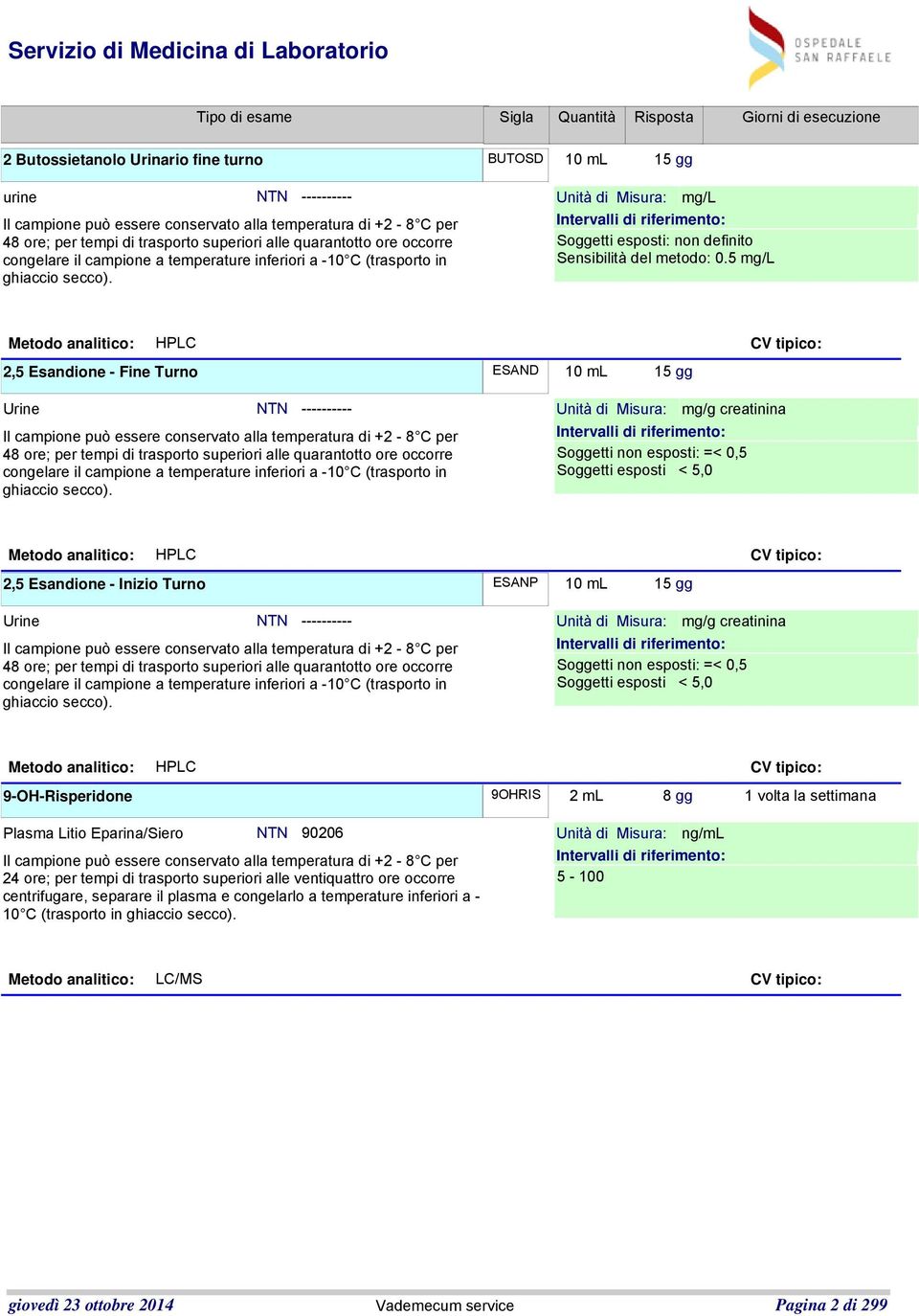 5 mg/l Metodo analitico: HPLC CV tipico: 2,5 Esandione - Fine Turno ESAND 10 ml 15 gg Urine NTN ---------- Il campione può essere conservato alla temperatura di +2-8 C per 48 ore; per tempi di