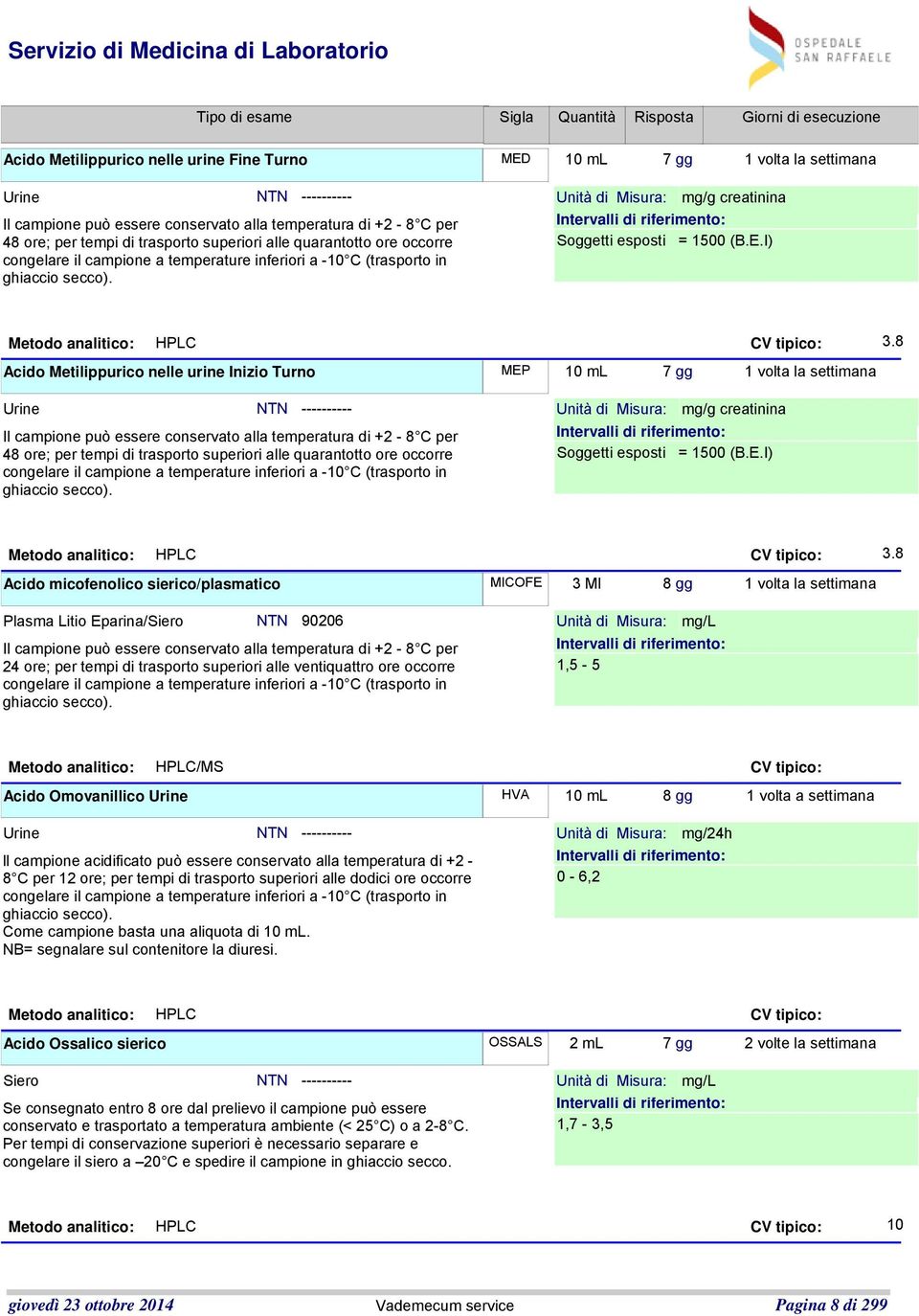 8 Acido Metilippurico nelle urine Inizio Turno MEP 10 ml 7 gg 1 volta la settimana Urine NTN ---------- Il campione può essere conservato alla temperatura di +2-8 C per 48 ore; per tempi di trasporto