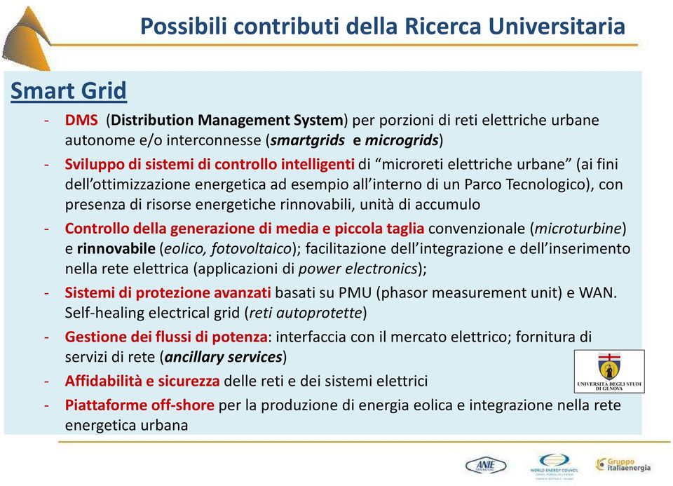 energetiche rinnovabili, unità di accumulo - Controllo della generazione di media e piccola taglia convenzionale (microturbine) e rinnovabile(eolico, fotovoltaico); facilitazione dell integrazione e