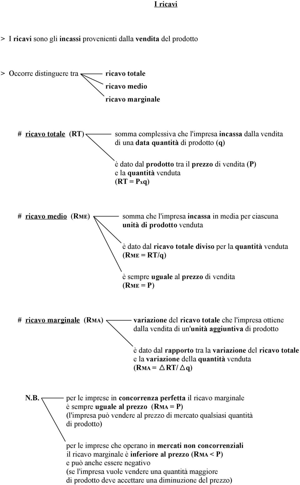 per ciascuna unità di prodotto venduta è dato dal ricavo totale diviso per la quantità venduta (RME = RT/q) è sempre uguale al prezzo di vendita (RME = P) # ricavo marginale (RMA) variazione del